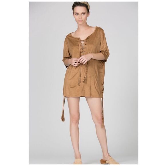 Pol Faux Suede Drawstring Top In Camel - Picture 3 of 8